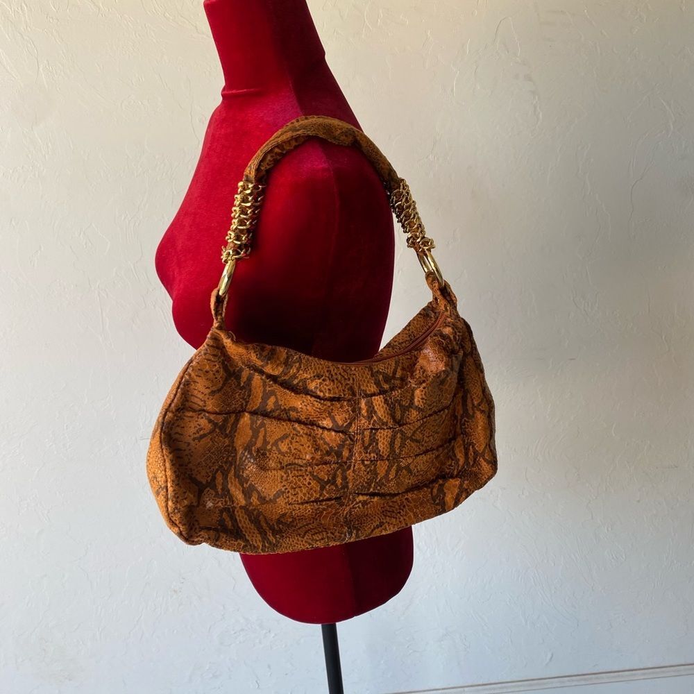 Snakeprint orange all handbag purse accessory with ruched and gold chain detail